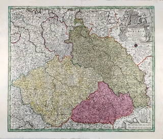 Čechy, Morava, Slezsko a Lužice – Matthäus Seutter, staře kolorovaný původní mědiryt, ca 1740
