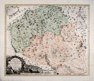 Znojemský a Jihlavský kraj – Johann Baptist Homann, staře kolorovaný původní mědiryt, 1720