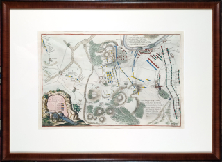 Lovosice – Plán bitvy u Lovosic 1756, G. N. Raspe, staře kolorovaný původní mědiryt, ca 1760