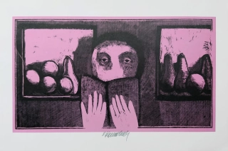 Komárek Vladimír – Čtenářka, původní dřevoryt s barevným podtiskem, ca 1980