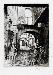 Jelínek Alex Adolf – Brno, Průchodní dům Šmetrhaus v Starobrněnské ul., lept, 1928