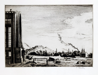 Bouda Cyril – Brno se Špilberkem od výstaviště, lept, 1928