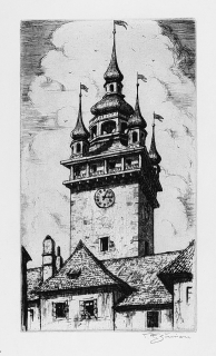 Šimon Tavík František – Brno, Radniční věž, původní lept, 1928