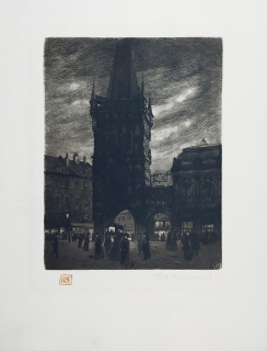 Schlindenbuch Rudolf Herbert – Praha, Prašná brána a Obecní dům, komb. technika, ca 1910