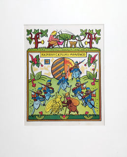 Lada Josef – Kasárny c.k. pluku mravenců, knižní ilustrace, barevná zinkografie, 1. vydání, 1920