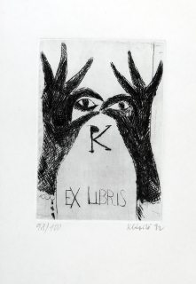 Klápště Jaroslav – Oči v rukavičkách, Ex libris PK, suchá jehla, 1992
