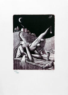 Pileček Jindřich – Do poslední kapky, Ex libris J.P., původní lept, 1996