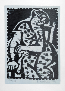 Antonová Alena – Šťastná žena, původní linoryt s barevným podtiskem, 1980