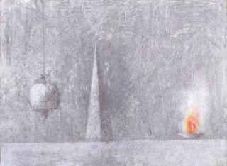 Husák Milivoj – Co Bůh? Člověk?, malba suchým pastelem, 2002