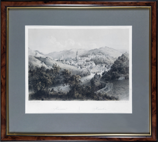 Český Krumlov – Haun August, původní dvoubarevná litografie s podtiskem, 1860