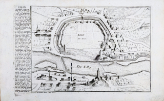 Kolín – pohled na město z ptačí perspektivy, Gabriel Bodenehr, původní mědiryt, 1700