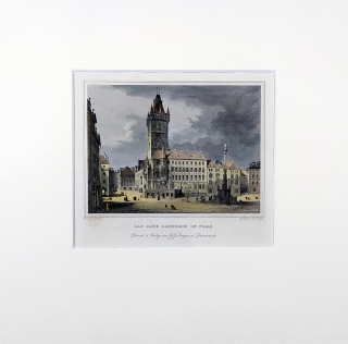 Praha – Staroměstská radnice, L. Lange, Johann Poppel, kolorovaný původní oceloryt, ca 1840