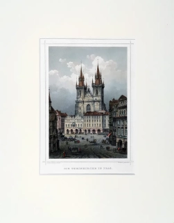 Praha – Chrám Matky Boží před Týnem, L. Rohbock, M. Kolb, kolorovaný původní oceloryt, ca 1850