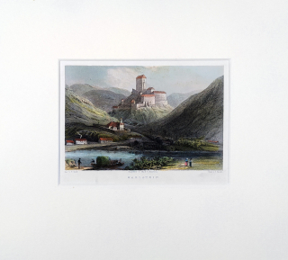 Karlštejn – pohled od Berounky na hrad, E. Gurk, J. Sands, kolorovaný původní oceloryt, 1845