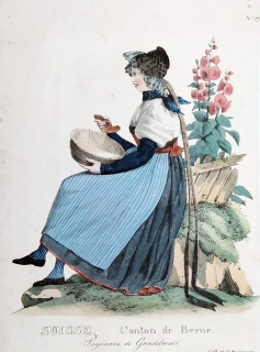 Švýcarsko – Bern, Grindelwald, G. Engelmann, staře kolorovaná litografie, 1826