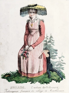 Švýcarsko – Fribourg, G. Engelmann, staře kolorovaná litografie, 1826