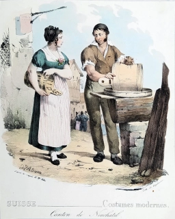 Švýcarsko – Neuchâtel, G. Engelmann, staře kolorovaná litografie, 1826