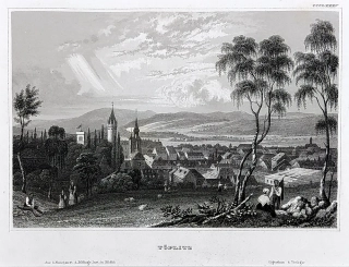 Teplice – pohled na město, C. Meyer, původní oceloryt, 1850