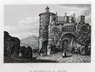 Teplice, Škvárovník – pohled na zříceninu hradu, J. Meyer, původní oceloryt, 1840