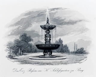 Praha – Zpívající fontána, J. Poppel, L. Lange, pův. oceloryt, 1841