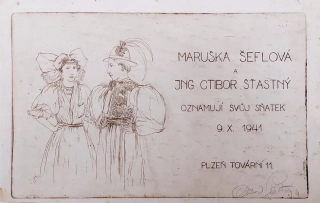 Šťastný Ctibor – Svatební oznámení, původní signovaný lept, 1941