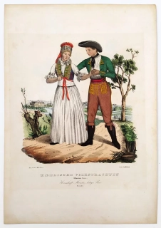 Olomoucký kraj – Moravské kroje, Haná, staře kolorovaná původní litografie, ca 1830