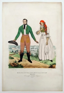 Olomoucký kraj – Moravské kroje, Haná, staře kolorovaná původní litografie, ca 1830