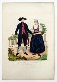 Brněnský kraj – Moravské kroje, staře kolorovaná původní litografie, ca 1830