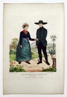 Brněnský kraj – Moravské kroje, staře kolorovaná původní litografie, ca 1830
