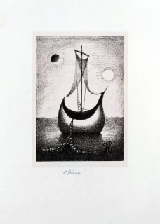 Jiřincová Ludmila – Spící loď, původní litografie s barevným podtiskem, ca 1960