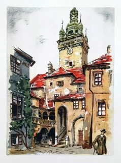 Röhling Vladislav – Brno, Stará radnice s věží z radničního dvora, barevný lept, ca 1920