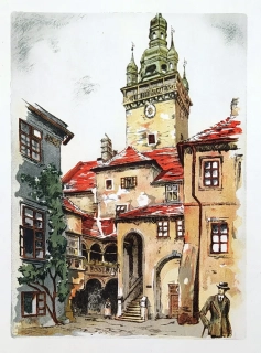 Röhling Vladislav – Brno, Stará radnice s věží z radničního dvora, barevná litografie, ca 1920