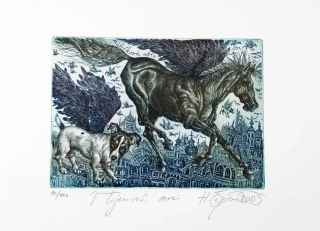 Čápová Hana – V tajemné noci, Ex libris Růžičková M., barevný lept, číslováno 10/100, 2009