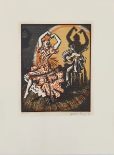 Přibyl Zdeněk – Flamenco, původní barevný dřevoryt, 1949