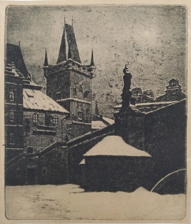 Stretti-Zamponi Jaromír – Zimní pohled na Karlův most a Mosteckou věž, Praha, akvatinta, 1910
