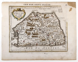 Insula Ceilan – Atlas Minor, staře kolorovaný původní mědiryt, 1651