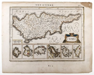 Kypr a řecké ostrovy – Atlas Minor, staře kolorovaný původní mědiryt, 1648–1651