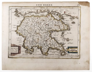 Peloponés – Atlas Minor, staře kolorovaný původní mědiryt, 1648