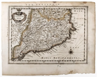 Španělsko, Katalánsko – Atlas Minor, staře kolorovaný původní mědiryt, 1648–1651