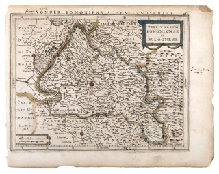 Itálie, Bologna – Atlas Minor, staře kolorovaný původní mědiryt, 1648–1651