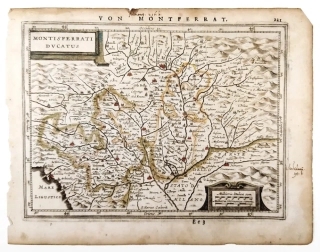 Itálie, Monferrato – Atlas Minor, staře kolorovaný původní mědiryt, 1648–1651