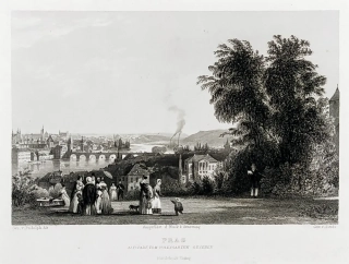 Praha – Staré a Nové Město ze Smíchova, R. Alt, Sands, původní oceloryt, ca 1835