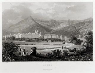 Osek – pohled na město, E. Gurk, J. Shury, původní oceloryt, ca 1835