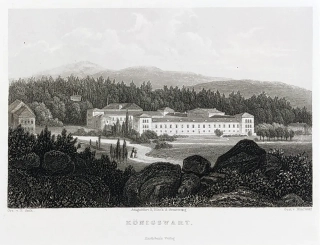 Kynžvart – pohled na zámek, E. Gurk, J. J. Hinchliff, původní oceloryt, ca 1835