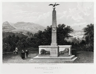 Kynžvart – Památník Františka I., E. Gurk, J. J. Hinchliff, původní oceloryt, ca 1835