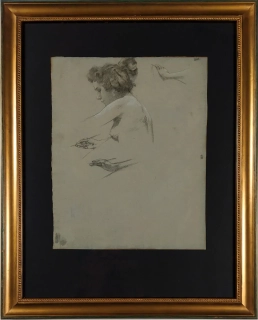 Špillar Karel – Múza, studie k obrazu, kresba tužkou a bílou křídou, ca 1900