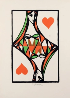 Jiřincová Ludmila – Srdcová dáma, původní barevný linoryt, 1964
