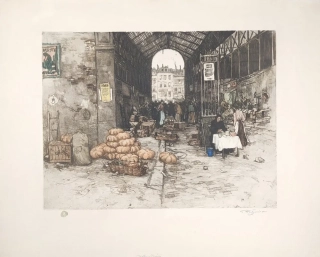 Šimon Tavík František – Vstup do Pařížské tržnice, původní barevný lept, 1921