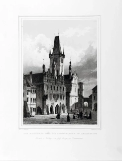 Litoměřice – pohled na radnici a kostel Všech svatých, Lange, původní oceloryt, 1842