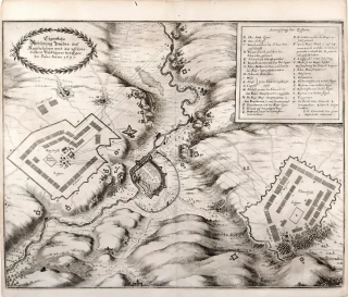 Cheb – rozmístění císařských a švédských vojsk, M. Merian, původní mědiryt, 1650